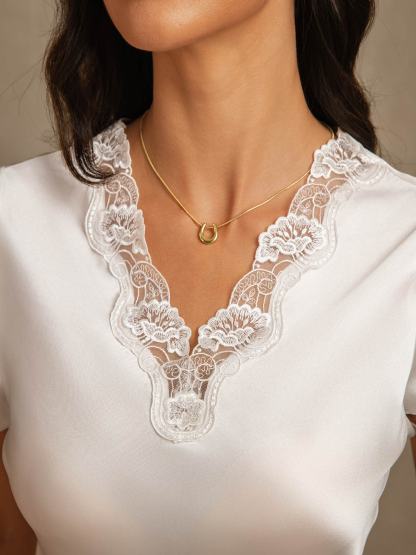 Pure Silk Short Sleeve V-neck Short Nightgown with Lace Split Design