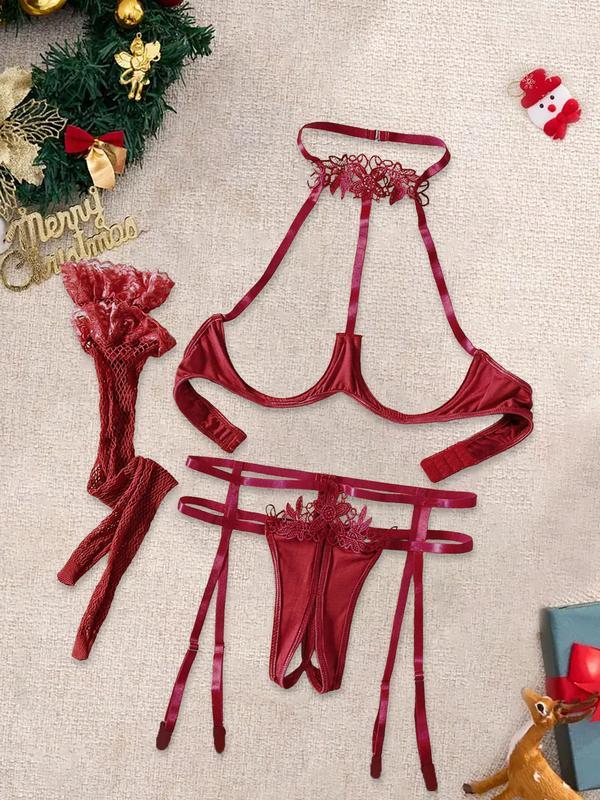 Christmas Sexy Lingerie Set, Backless Contrast Lace Design, Fitted Thin Fabric, Perfect for Halloween & Christmas Celebrations