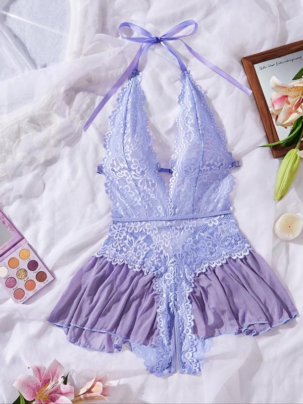 Women's Solid Color Lace Teddy Bodysuit, Sexy Comfy Breathable Aesthetic Push Up Bodysuit for Daily Wear, Women's Lingerie for All Seasons