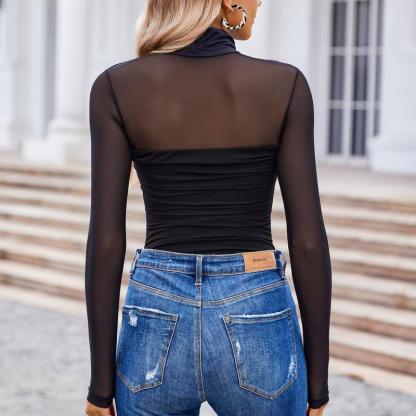 Women's Contour Turtleneck Bodysuit - Long Sleeve Mesh Body Sculpting Top | Premium Seamless Leotard for Evening Wear & Trendy Outfits