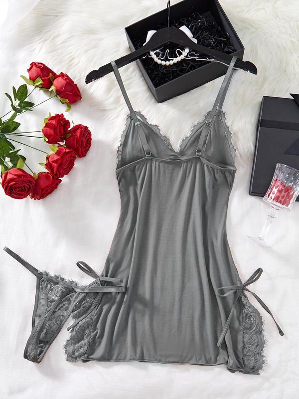 Women's Bow Decor Contrast Lace Cami Nightdress & Thong Set, Comfy Pj Set for All Seasons, Fashion Ladies Sleepwear & Homewear, Sexy Lingerie