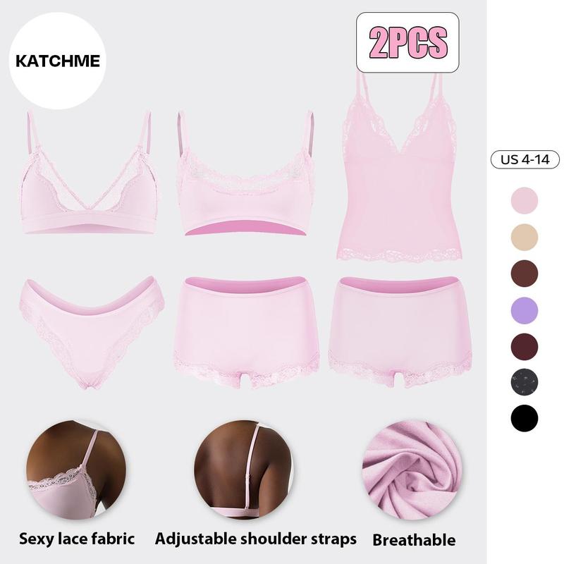 KatchMe Women's Minimalist Lace Series Spaghetti Strap Lace Trim Wirefree Breathable Bralette & Panties Set, Basic Lightweight Underwear Set #BlackFriday#