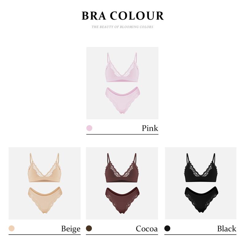 KatchMe Women's Minimalist Lace Series Spaghetti Strap Lace Trim Wirefree Breathable Bralette & Panties Set, Basic Lightweight Underwear Set #BlackFriday#