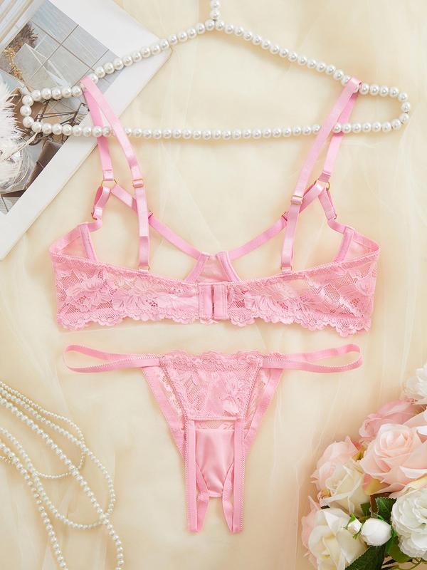 Women's Floral Lace Sexy Lingerie Set, Sexy Cut Out Underwire Bra & Open Crotch Design Thong Two-Piece Set, Lingerie Set for Women