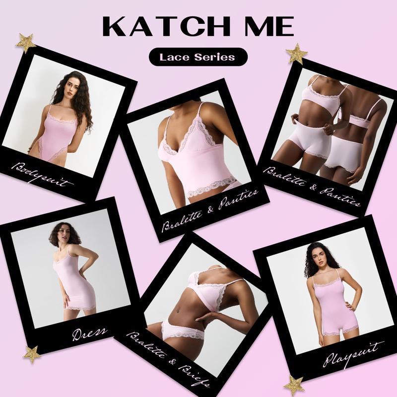 KatchMe Women's Minimalist Lace Series Spaghetti Strap Lace Trim Wirefree Breathable Bralette & Panties Set, Basic Lightweight Underwear Set #BlackFriday#