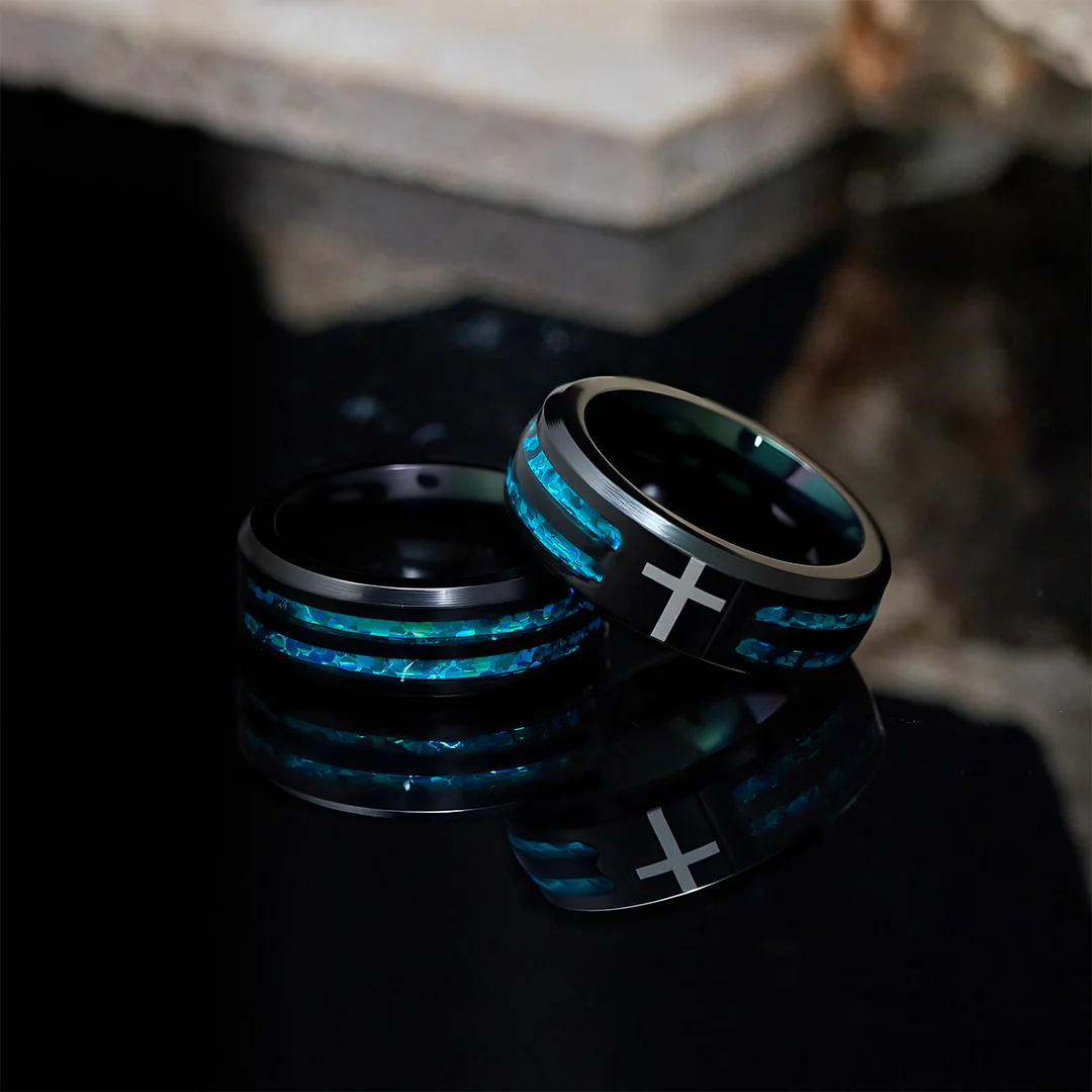 Modern black plated blue opal cross inlay cross band ring