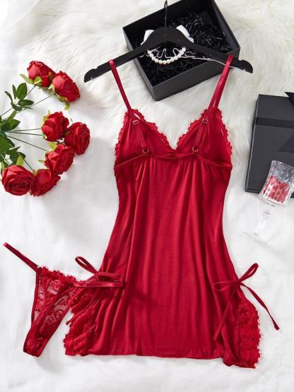 Women's Bow Decor Contrast Lace Cami Nightdress & Thong Set, Comfy Pj Set for All Seasons, Fashion Ladies Sleepwear & Homewear, Sexy Lingerie