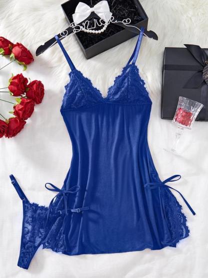 Women's Bow Decor Contrast Lace Cami Nightdress & Thong Set, Comfy Pj Set for All Seasons, Fashion Ladies Sleepwear & Homewear, Sexy Lingerie
