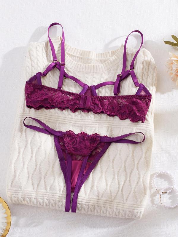 Women's Floral Lace Sexy Lingerie Set, Sexy Cut Out Underwire Bra & Open Crotch Design Thong Two-Piece Set, Lingerie Set for Women