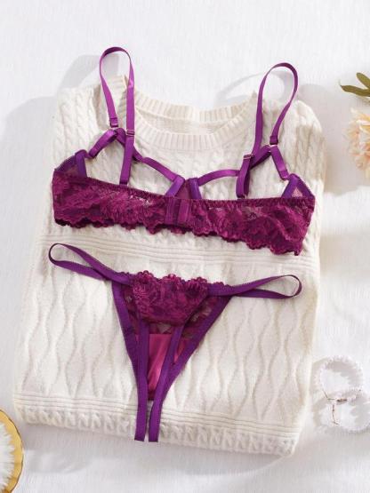 Women's Floral Lace Sexy Lingerie Set, Sexy Cut Out Underwire Bra & Open Crotch Design Thong Two-Piece Set, Lingerie Set for Women