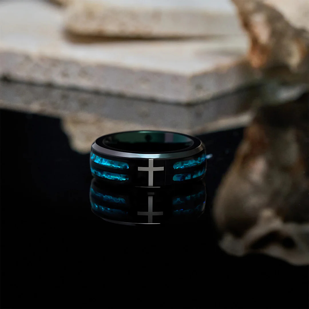 Modern black plated blue opal cross inlay cross band ring