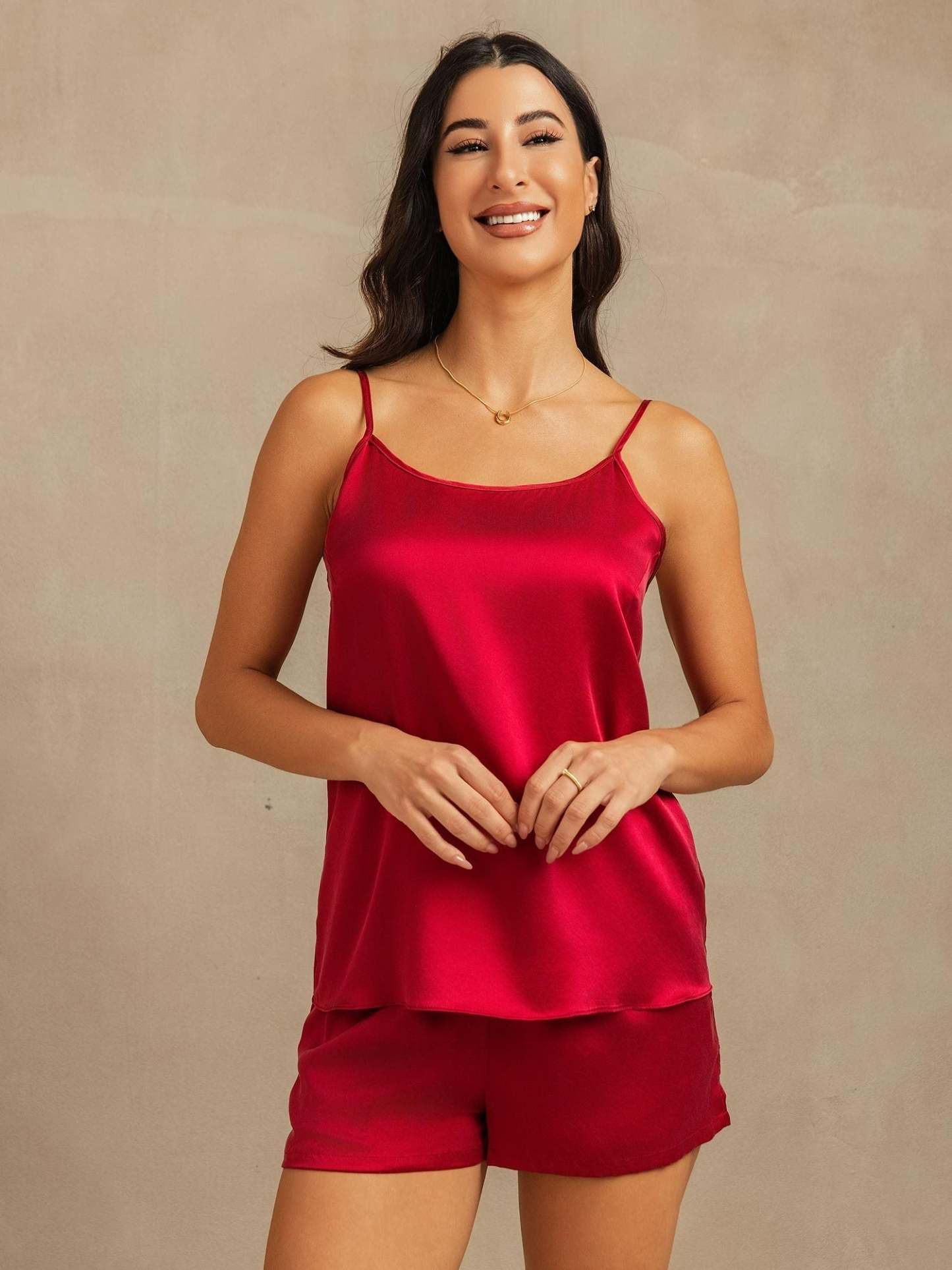 Momme Washable Silk Spaghetti Strap Round Neck Camisole Set with Side Pocket Design