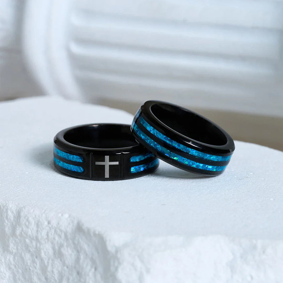 Modern black plated blue opal cross inlay cross band ring