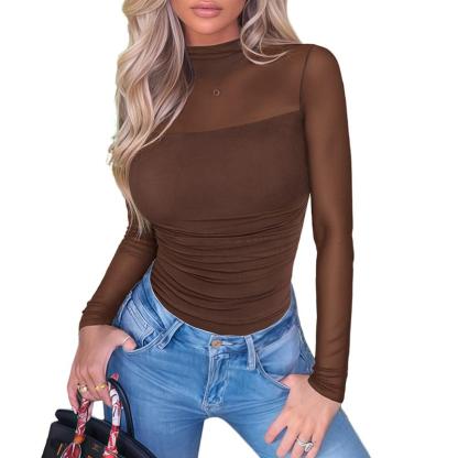 Women's Contour Turtleneck Bodysuit - Long Sleeve Mesh Body Sculpting Top | Premium Seamless Leotard for Evening Wear & Trendy Outfits