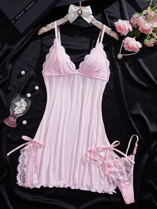 Women's Bow Decor Contrast Lace Cami Nightdress & Thong Set, Comfy Pj Set for All Seasons, Fashion Ladies Sleepwear & Homewear, Sexy Lingerie
