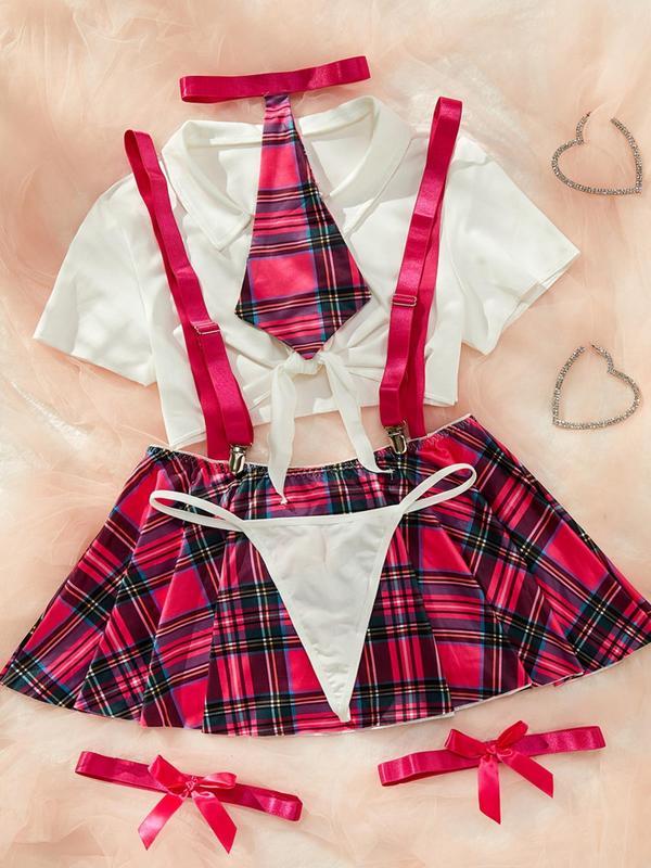 Christmas Temptation Sexy Cosplay Set, Dark Plaid Pattern, Thin Fabric, Fitted Style, Adjustable Strap Design, All Seasons Wear