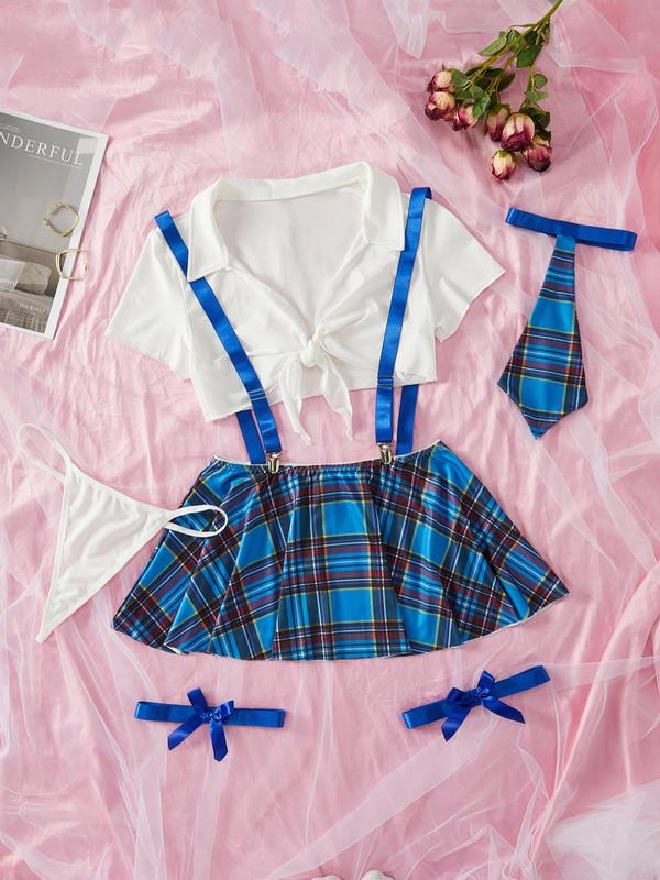 Christmas Temptation Sexy Cosplay Set, Dark Plaid Pattern, Thin Fabric, Fitted Style, Adjustable Strap Design, All Seasons Wear