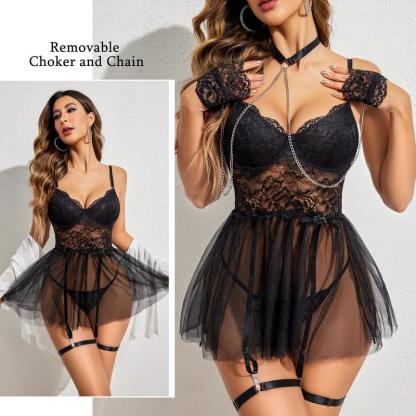 Women Lace Underwire Lingerie Set with Garter and Chain Sleepwear