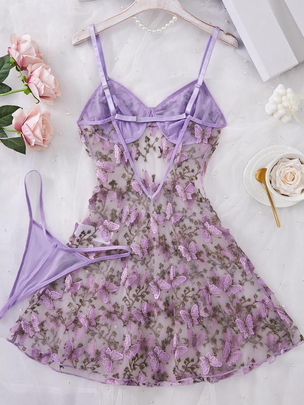 Women's Butterfly Embroidery Cami Nightdress & Thong Sexy Lingerie Set, Comfy Elegant Nighty Dress Set, Ladies Sleepwear for All Seasons