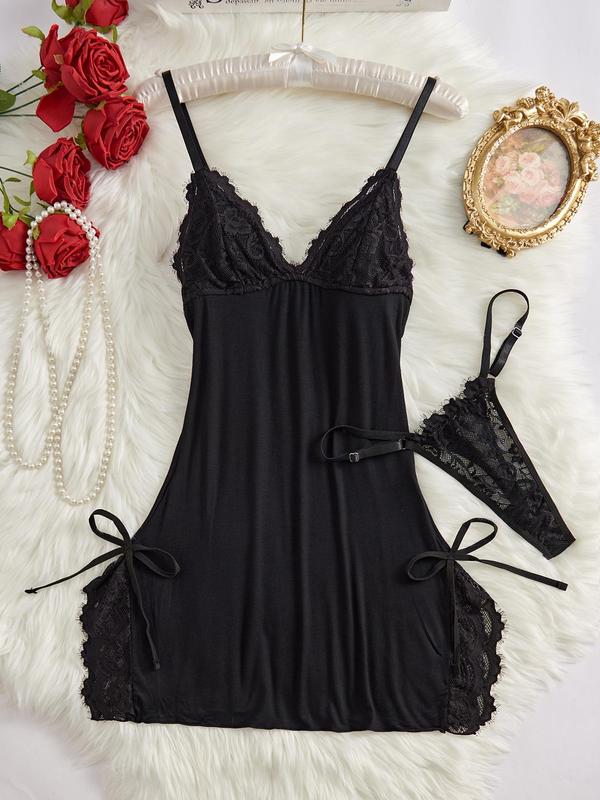 Women's Bow Decor Contrast Lace Cami Nightdress & Thong Set, Comfy Pj Set for All Seasons, Fashion Ladies Sleepwear & Homewear, Sexy Lingerie