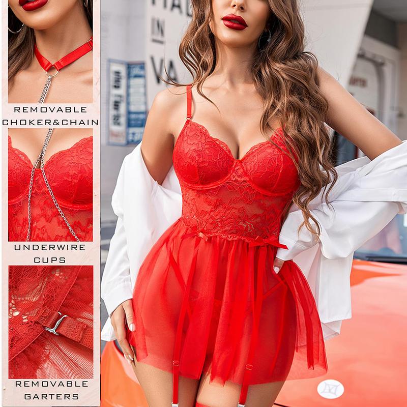 Women Lace Underwire Lingerie Set with Garter and Chain Sleepwear