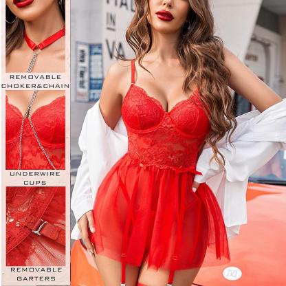 Women Lace Underwire Lingerie Set with Garter and Chain Sleepwear