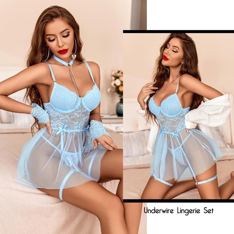 Women Lace Underwire Lingerie Set with Garter and Chain Sleepwear