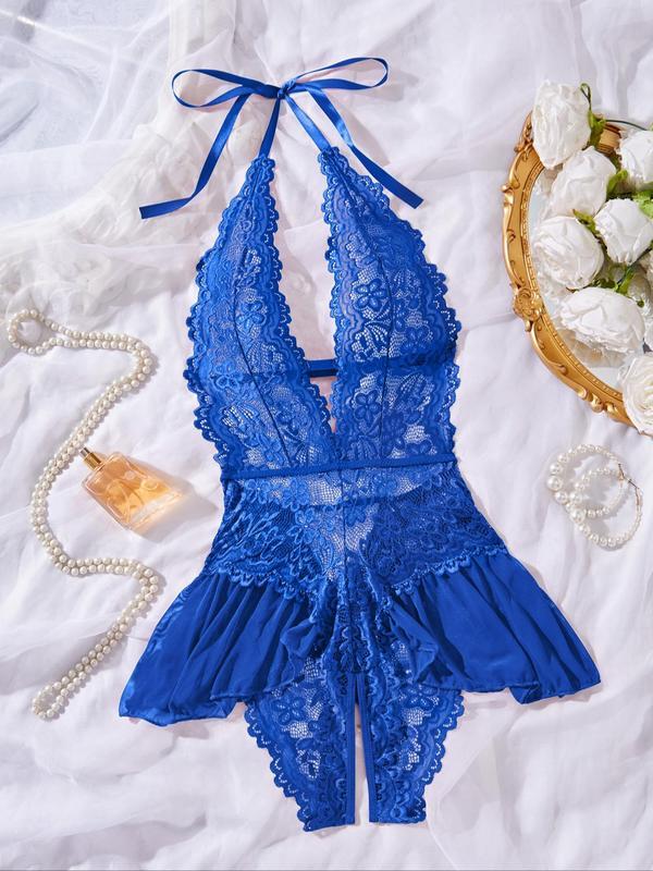 Women's Solid Color Lace Teddy Bodysuit, Sexy Comfy Breathable Aesthetic Push Up Bodysuit for Daily Wear, Women's Lingerie for All Seasons