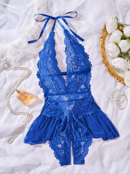 Women's Solid Color Lace Teddy Bodysuit, Sexy Comfy Breathable Aesthetic Push Up Bodysuit for Daily Wear, Women's Lingerie for All Seasons