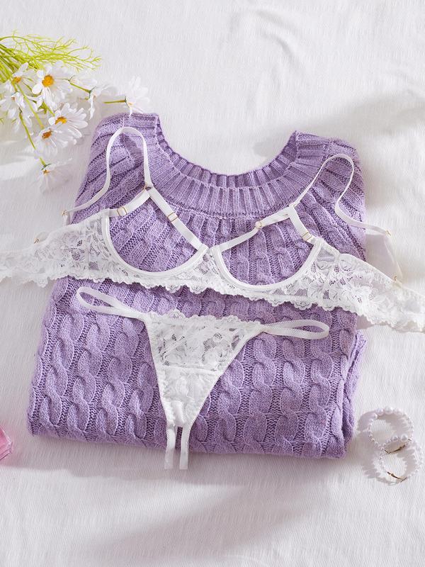 Women's Floral Lace Sexy Lingerie Set, Sexy Cut Out Underwire Bra & Open Crotch Design Thong Two-Piece Set, Lingerie Set for Women