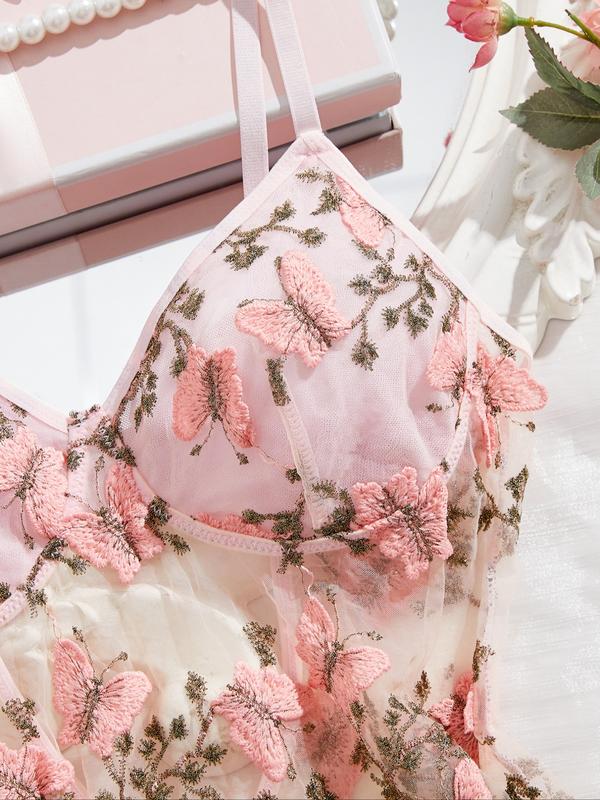 Women's Butterfly Embroidery Cami Nightdress & Thong Sexy Lingerie Set, Comfy Elegant Nighty Dress Set, Ladies Sleepwear for All Seasons