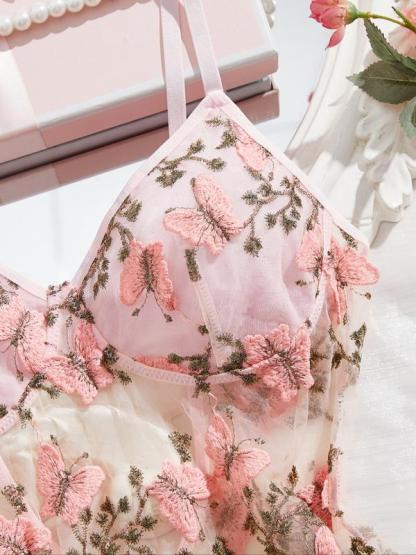 Women's Butterfly Embroidery Cami Nightdress & Thong Sexy Lingerie Set, Comfy Elegant Nighty Dress Set, Ladies Sleepwear for All Seasons