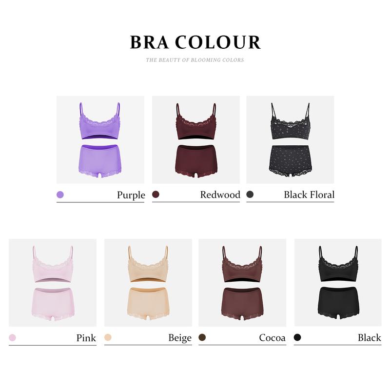 KatchMe Women's Minimalist Lace Series Spaghetti Strap Lace Trim Wirefree Breathable Bralette & Panties Set, Basic Lightweight Underwear Set #BlackFriday#