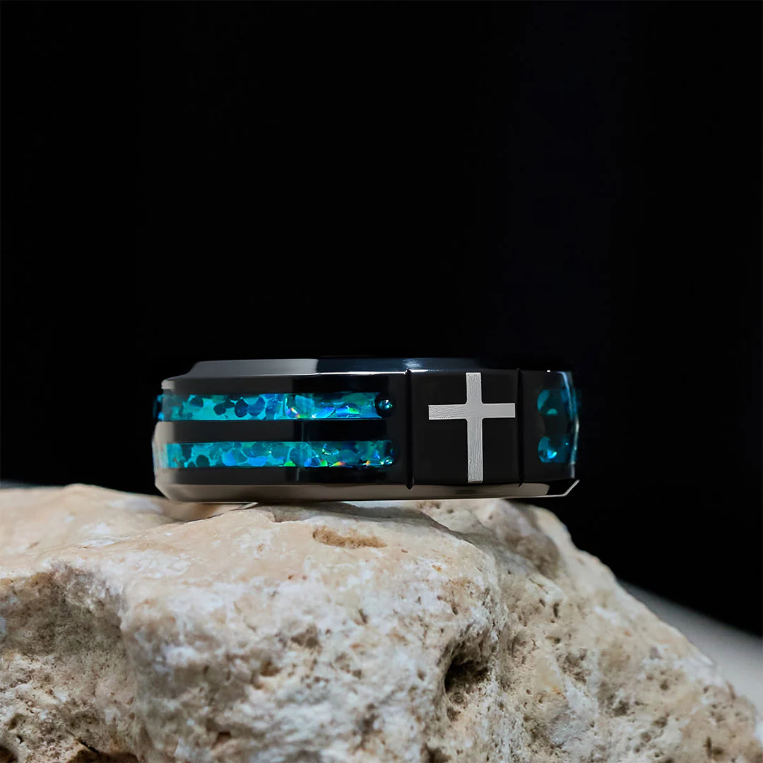 Modern black plated blue opal cross inlay cross band ring