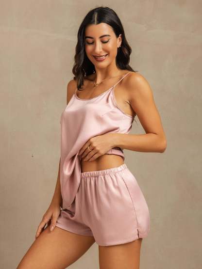 Momme Washable Silk Spaghetti Strap Round Neck Camisole Set with Side Pocket Design