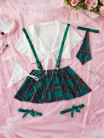 Christmas Temptation Sexy Cosplay Set, Dark Plaid Pattern, Thin Fabric, Fitted Style, Adjustable Strap Design, All Seasons Wear