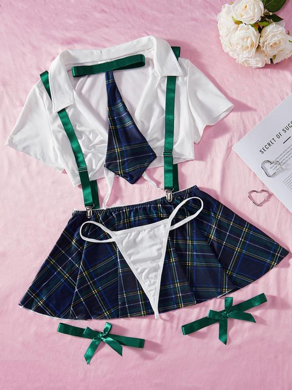 Christmas Temptation Sexy Cosplay Set, Dark Plaid Pattern, Thin Fabric, Fitted Style, Adjustable Strap Design, All Seasons Wear