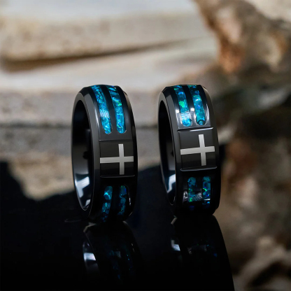 Modern black plated blue opal cross inlay cross band ring