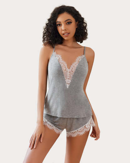 Lace Trim Leopard Print Pajama Set