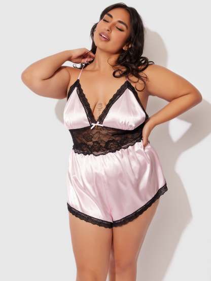 Elisa Satin & Lace Racerback Sleep Romper