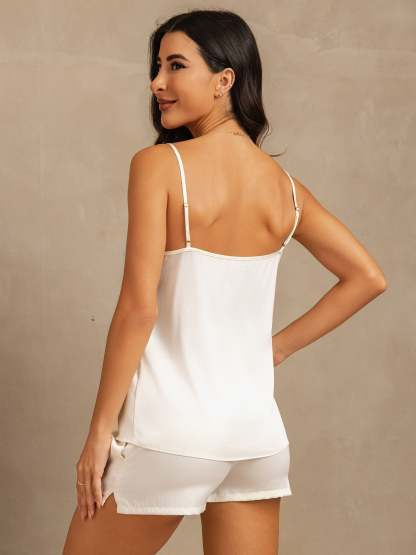 Momme Washable Silk Spaghetti Strap Round Neck Camisole Set with Side Pocket Design