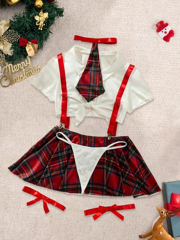 Christmas Temptation Sexy Cosplay Set, Dark Plaid Pattern, Thin Fabric, Fitted Style, Adjustable Strap Design, All Seasons Wear