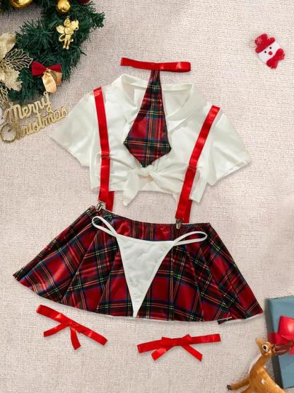 Christmas Temptation Sexy Cosplay Set, Dark Plaid Pattern, Thin Fabric, Fitted Style, Adjustable Strap Design, All Seasons Wear