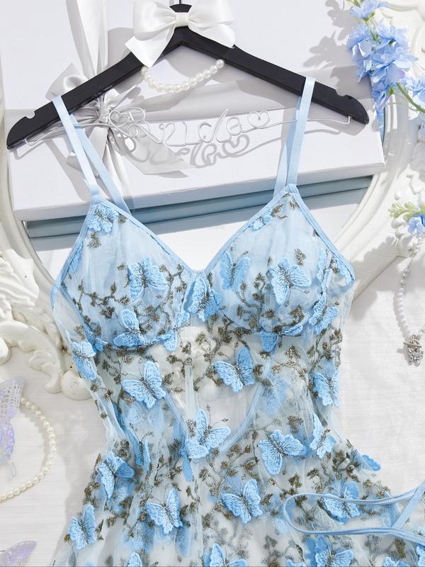 Women's Butterfly Embroidery Cami Nightdress & Thong Sexy Lingerie Set, Comfy Elegant Nighty Dress Set, Ladies Sleepwear for All Seasons