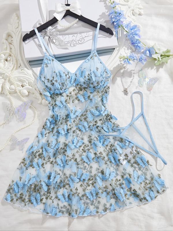 Women's Butterfly Embroidery Cami Nightdress & Thong Sexy Lingerie Set, Comfy Elegant Nighty Dress Set, Ladies Sleepwear for All Seasons