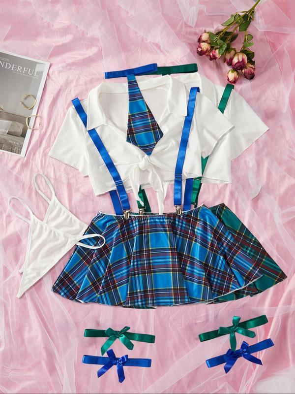 Christmas Temptation Sexy Cosplay Set, Dark Plaid Pattern, Thin Fabric, Fitted Style, Adjustable Strap Design, All Seasons Wear