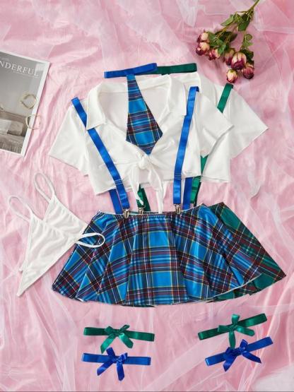 Christmas Temptation Sexy Cosplay Set, Dark Plaid Pattern, Thin Fabric, Fitted Style, Adjustable Strap Design, All Seasons Wear