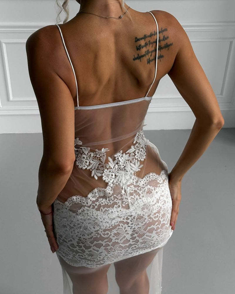 Sexy Sheer Mesh Floral Embroidered Lace Slip Dress