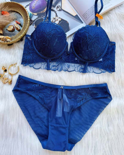 Sexy Mesh Lace Floral Embroidered Underwire Bra And Panty Set