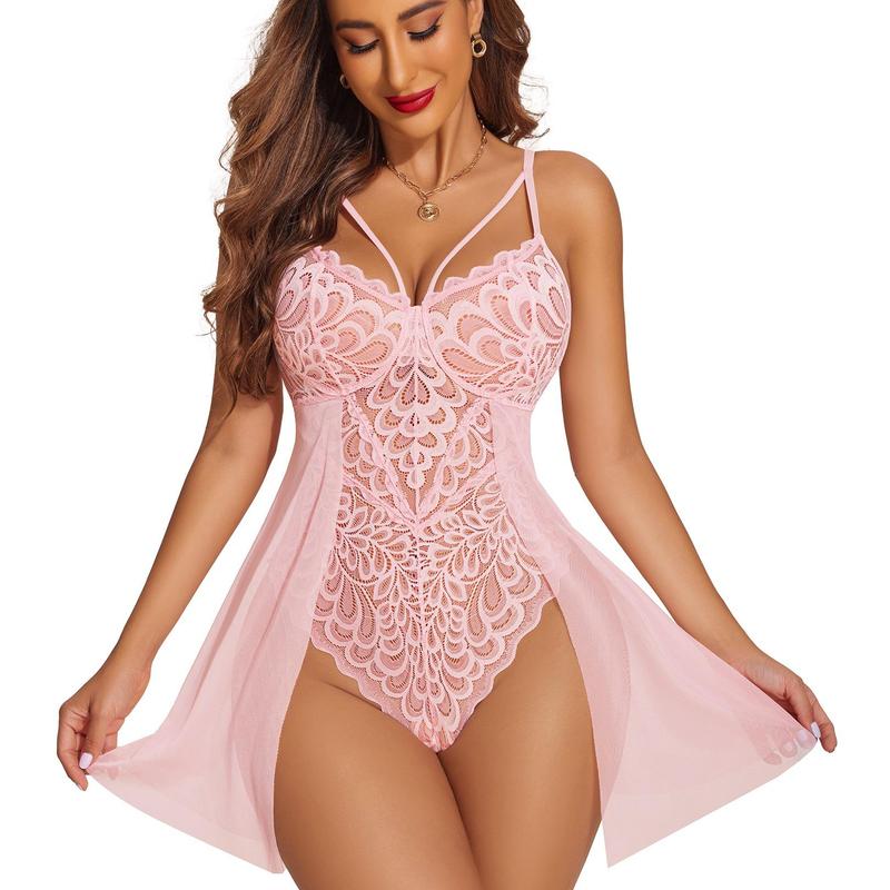 Women Floral Snap Crotch Chemise Nightie Lace Nightgown